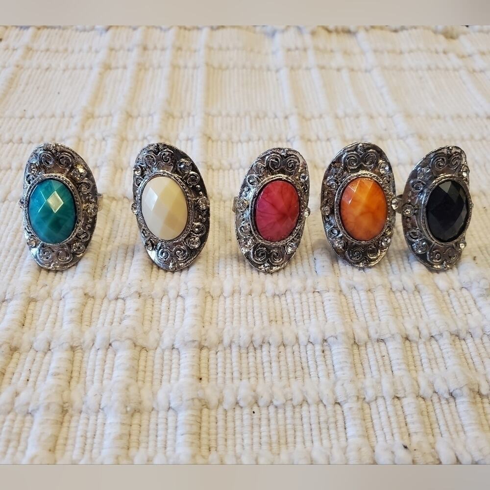Bundle of jeweled statement glam adjustable rings lot